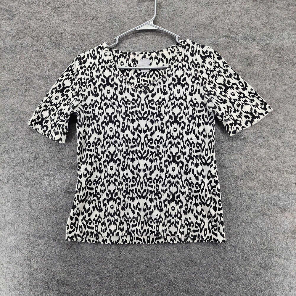 Chicos Shirt Womens Size 0 US Size Small Black White Short Sleeve